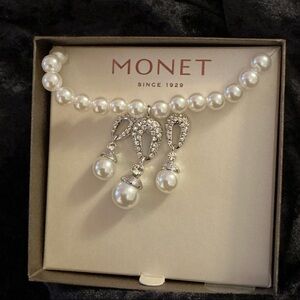 Monet Silver and White Pearl Drop Earrings and matching necklace